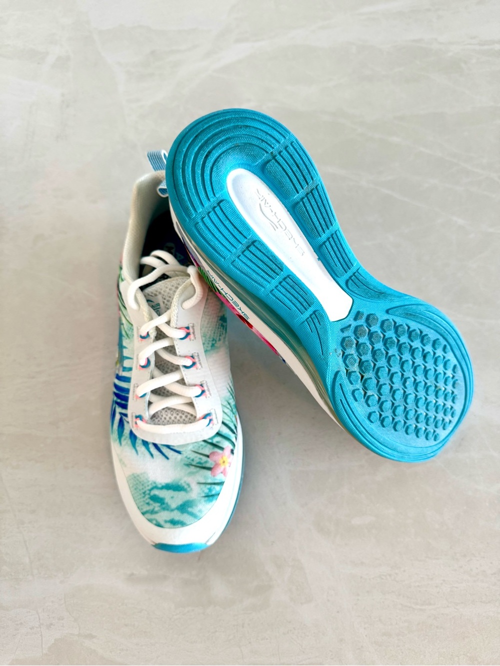 Skechers Memory Foam Floral Tropical Print Women's Sneakers - Teal & White - Picture 7 of 9
